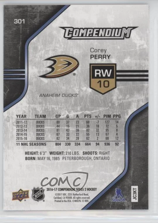 2016-17 Upper Deck Compendium Blue Corey Perry #301 - Image 2 of 2