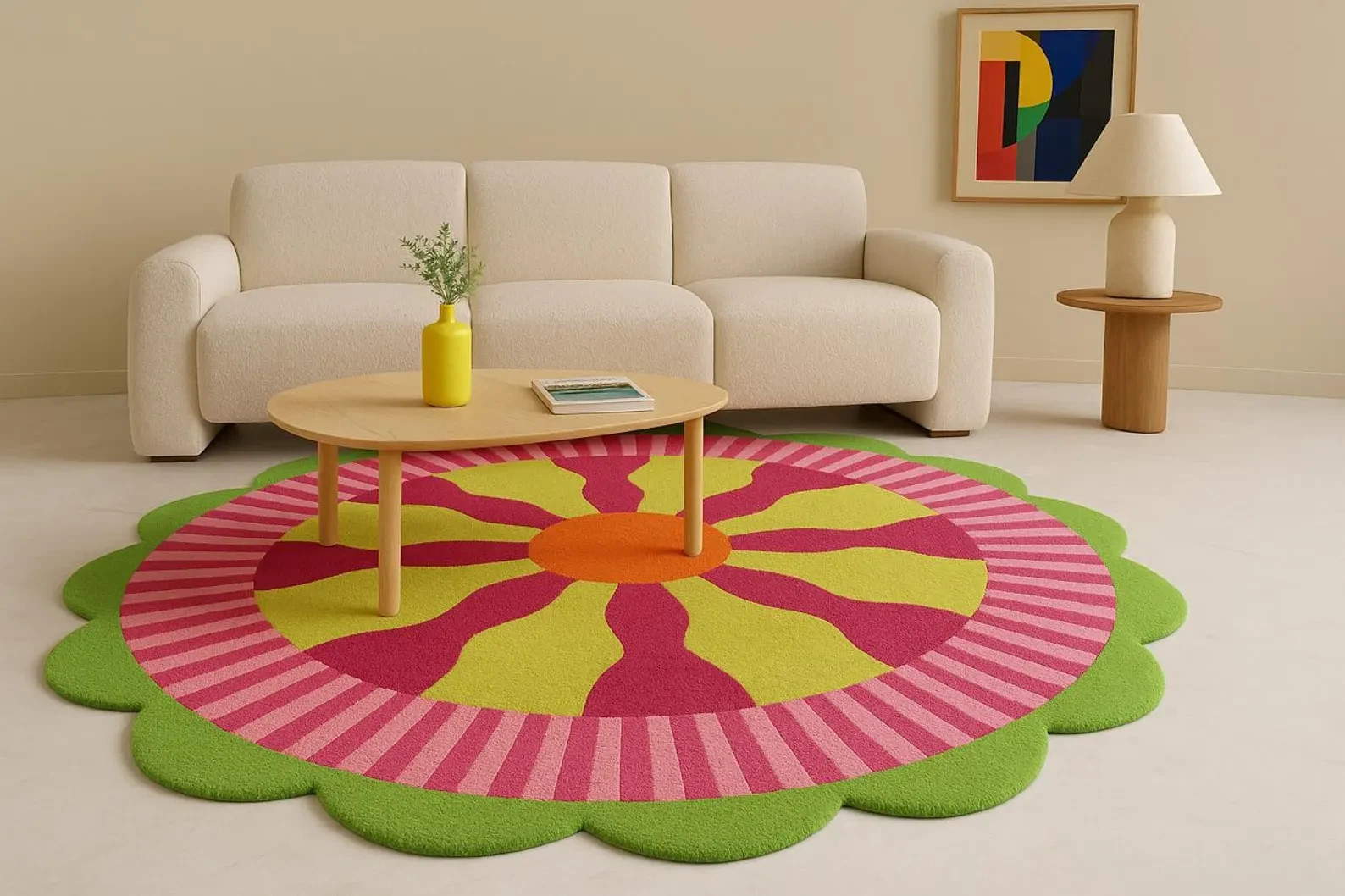 Bloom Burst Round Handtufted Rug – Irregular Floral Modern Wool Carpet, Colorful