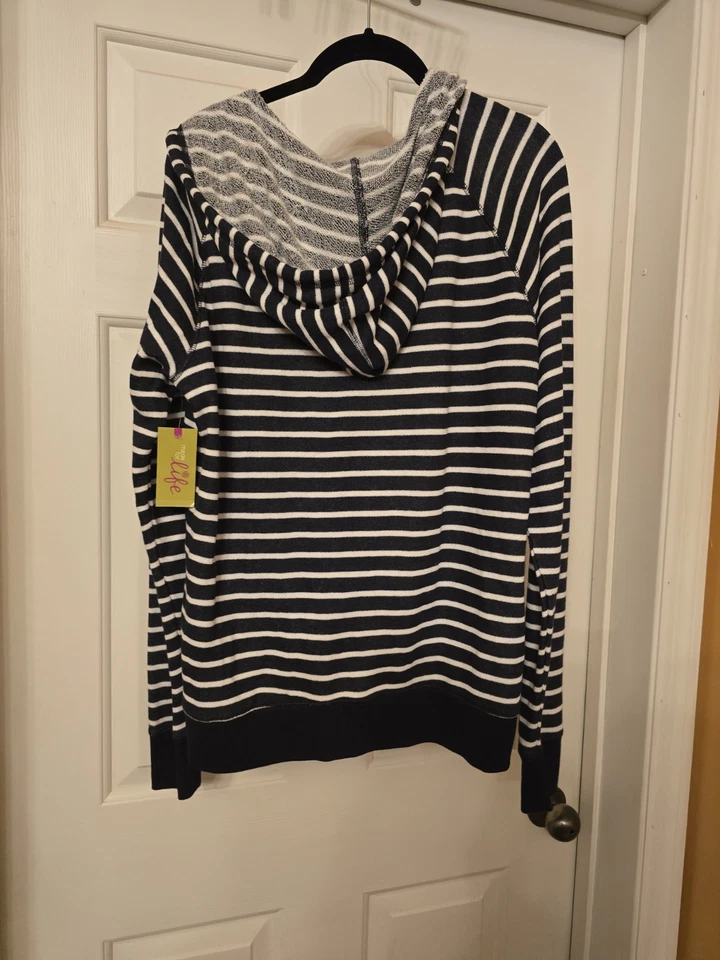 Women's Zip Up Sweater Jacket. Navy Blue And White Stripes.  Large With Hoodie - Image 2 of 4