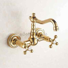 Gold Polished Swivel Spout Bridge Wall Mounted Faucet Dual Handle Sink Mixer Tap