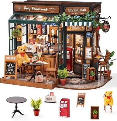 Robotime DIY Miniatur Puppenhaus Kit LED Holz Haus Tipsy Restaurant Geschenke