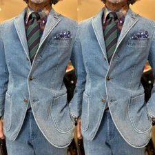 Vintage Denim Men's Suits 2 Pcs Casual Party Work Leisure Wear Men Blazers