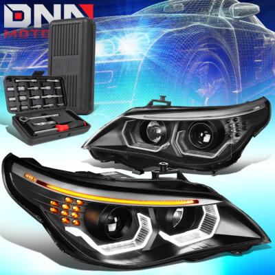 FOR 2004-2007 BMW E60 5-SERIES LED U-HALO PROJECTOR HEADLIGHT LAMPS+TOOLS BLACK