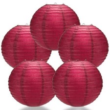 BULK PACK 5 14" Velvet Red Round Paper Lantern, Even Ribbing, Hanging Decorati