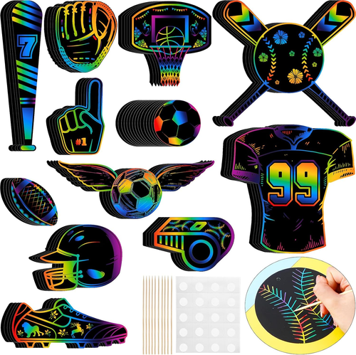 Qilery 70 Pcs Sports Scratch off Papers Scratch Paper Sets with 35 Pcs Wooden St