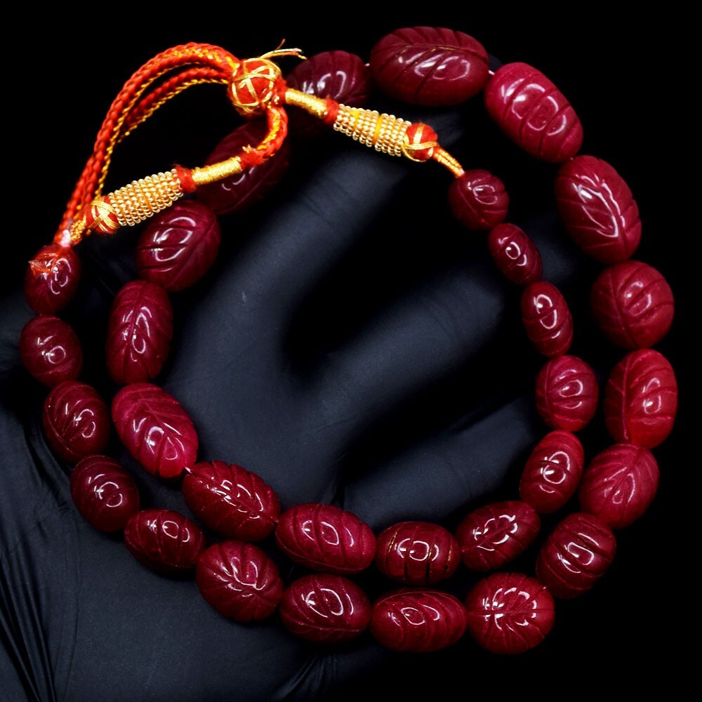 Carved Red Ruby Single Strand 473.00 Cts Beaded Necklace