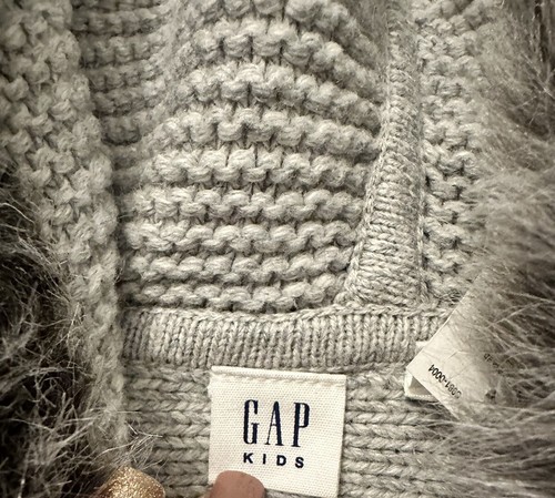 GAP Kids Sweater Cable Knit Grey Poncho Faux Fur Hood Size Large New - Picture 6 of 18