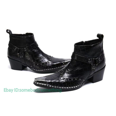 Men\'s leather boots buckle Chelsea pointed toe trendy high-top leather shoes Amazon.com | Men main image 2
