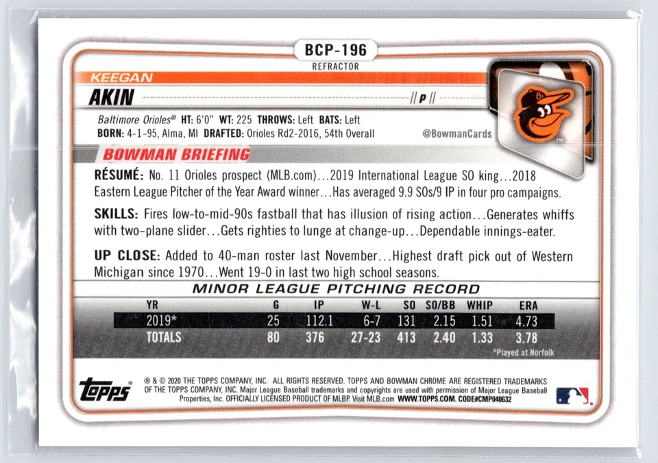 Keegan Akin 2020 Bowman Chrome Refractor Prospect  /499  card  # BCP-196 Orioles - Image 2 of 2