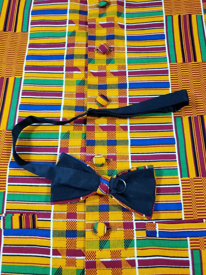 Chaleco Santana Africano Estampado Kinte con Pajarita Para Hombre Talla Grande Abotonable  Foto 4 de 4