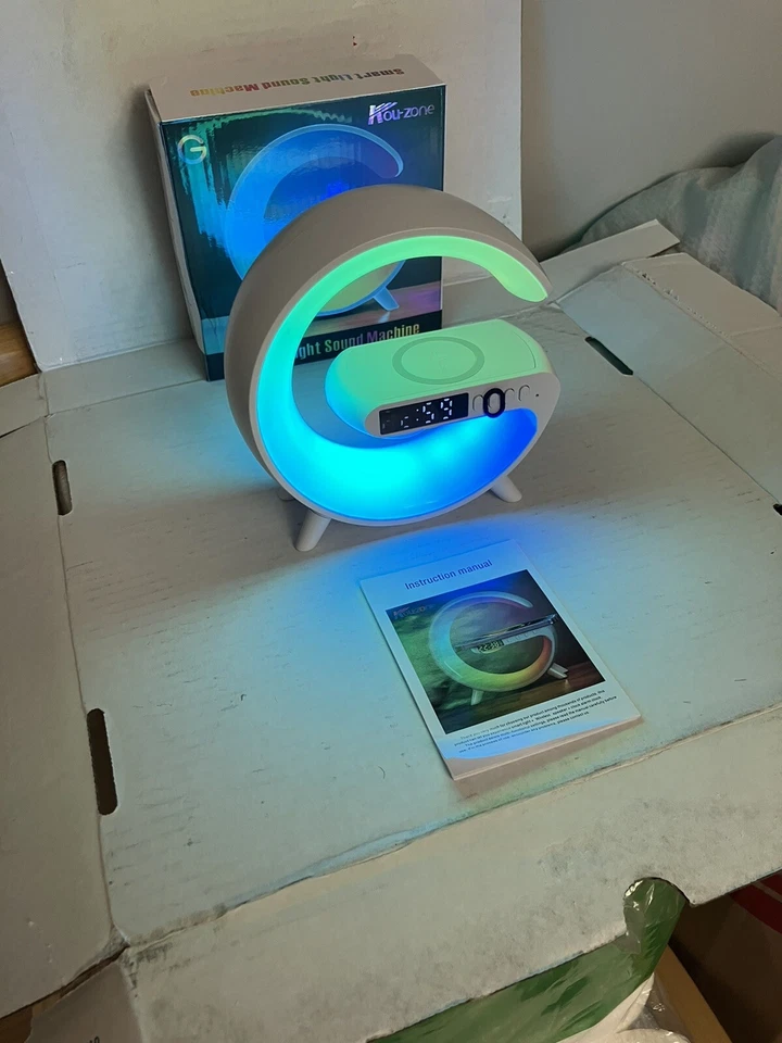 Google Alarm Clock Bluetooth Speaker Atmosphere Light Cordless Phone Charger WHT - Image 2 of 4