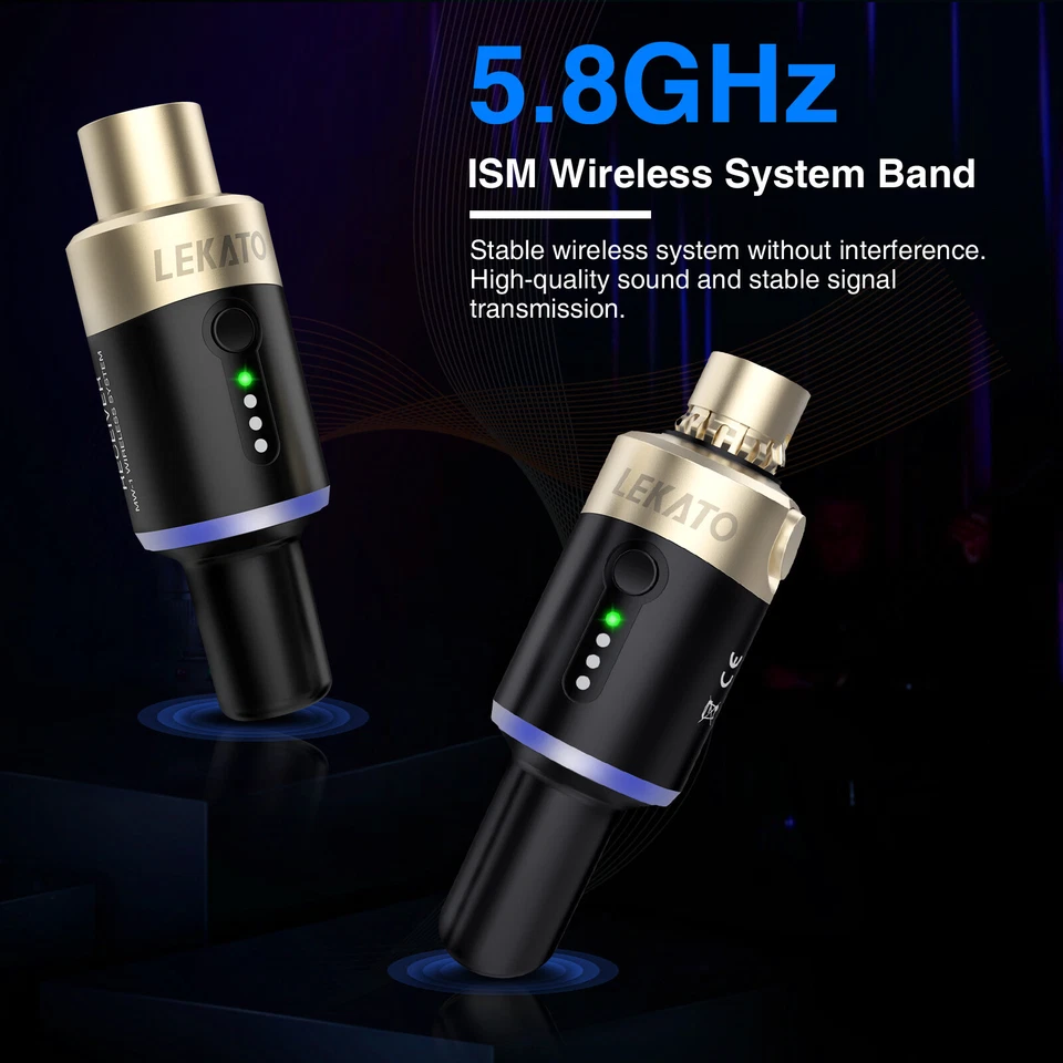 LEKATO Wireless Microphone Transmitter Receiver 5.8GHz Plug On XLR Rechargeable - Image 2 of 4
