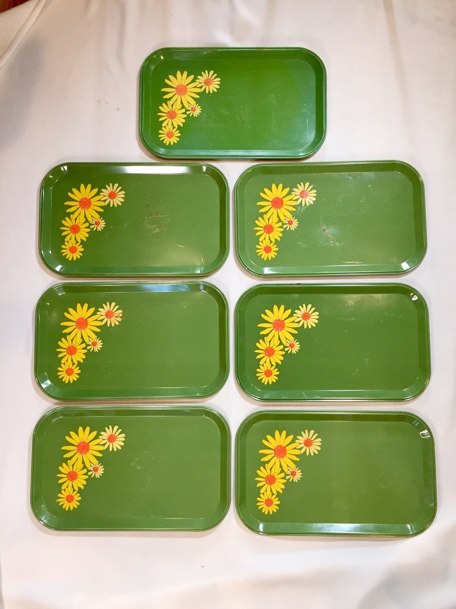 60s Metal Tin Groovy Trays Avocado Green Daisy Floral Stacking Set