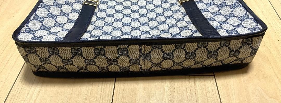 GUCCI Vintage GG Supreme Tote Blue Leather 1970s Rare Gold Triangle Plaque thumbnail 5