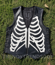 Men Skeleton Leather Vest Gothic Biker Punk Rib Cage Motorcycle Waistcoat Black