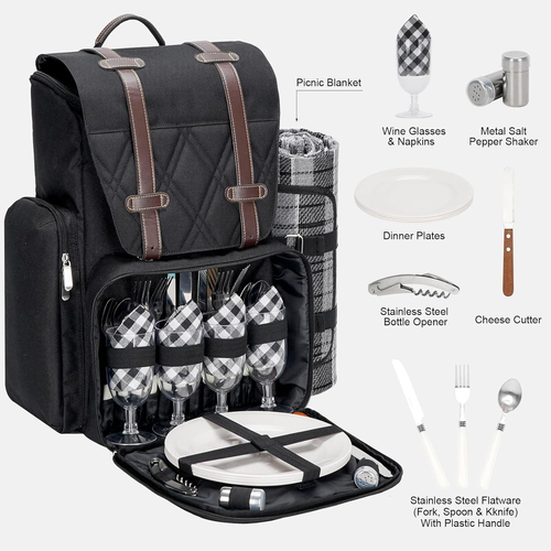 Picnic Backpack for 4 Person with Large Insulated Cooler Bag, 4 Person, Black - Picture 2 of 8
