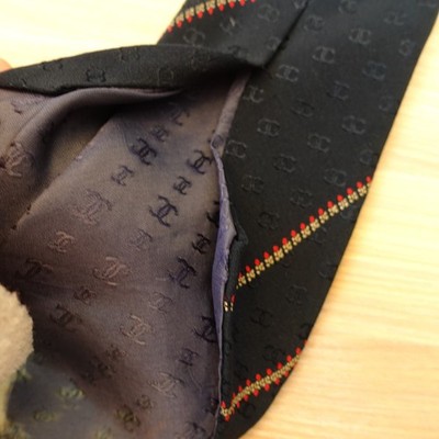 CHANEL Neck Tie Men Black CC Monogram Logo Stripe Silk French