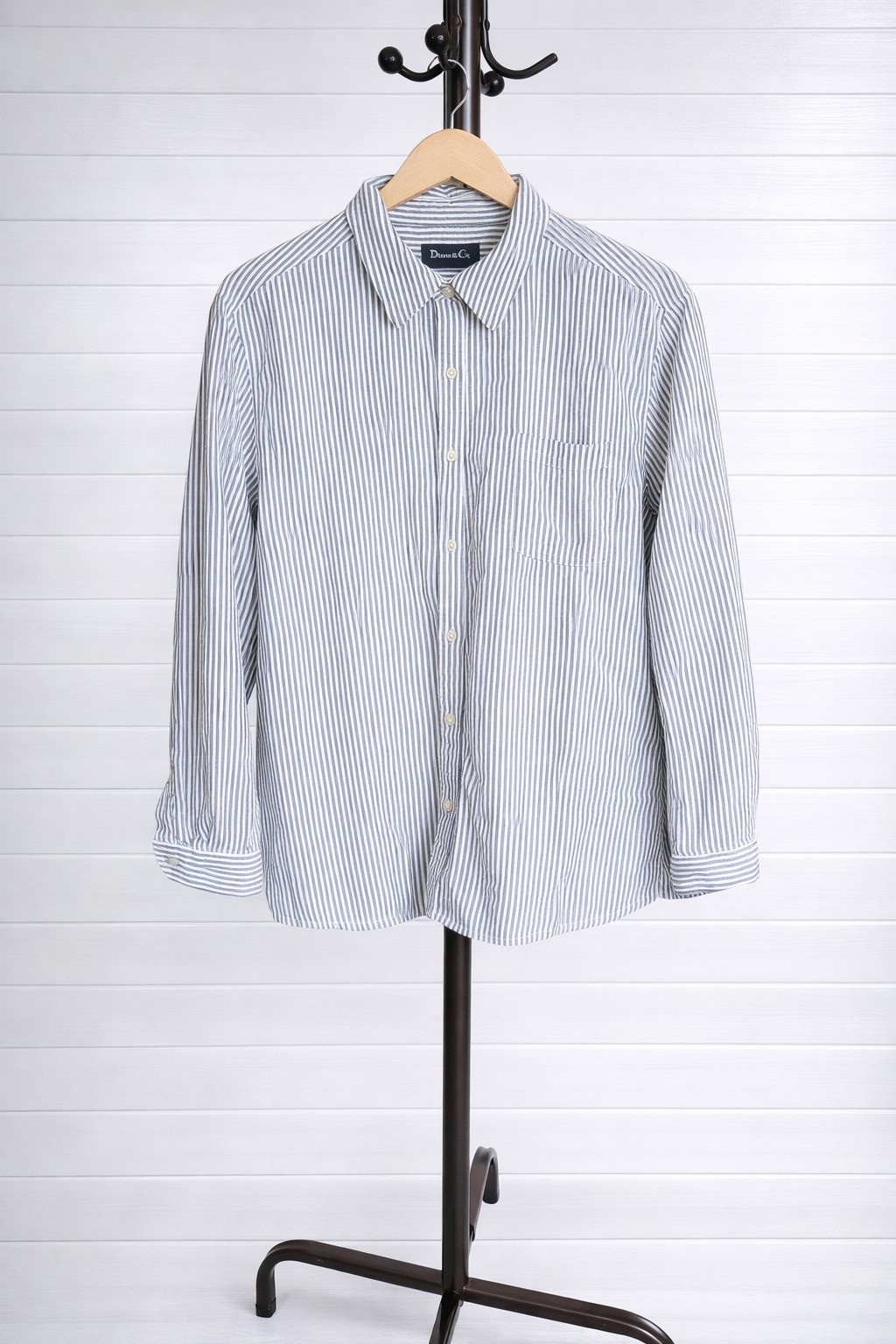 Vtg Denim & Co Women's Large Seersucker Shirt Button Up Striped Gray/White