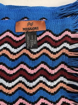 Missoni Italy Wool Blend Zig Zag Fringe Scarf Blue Pink Multicolor Luxury 17x72