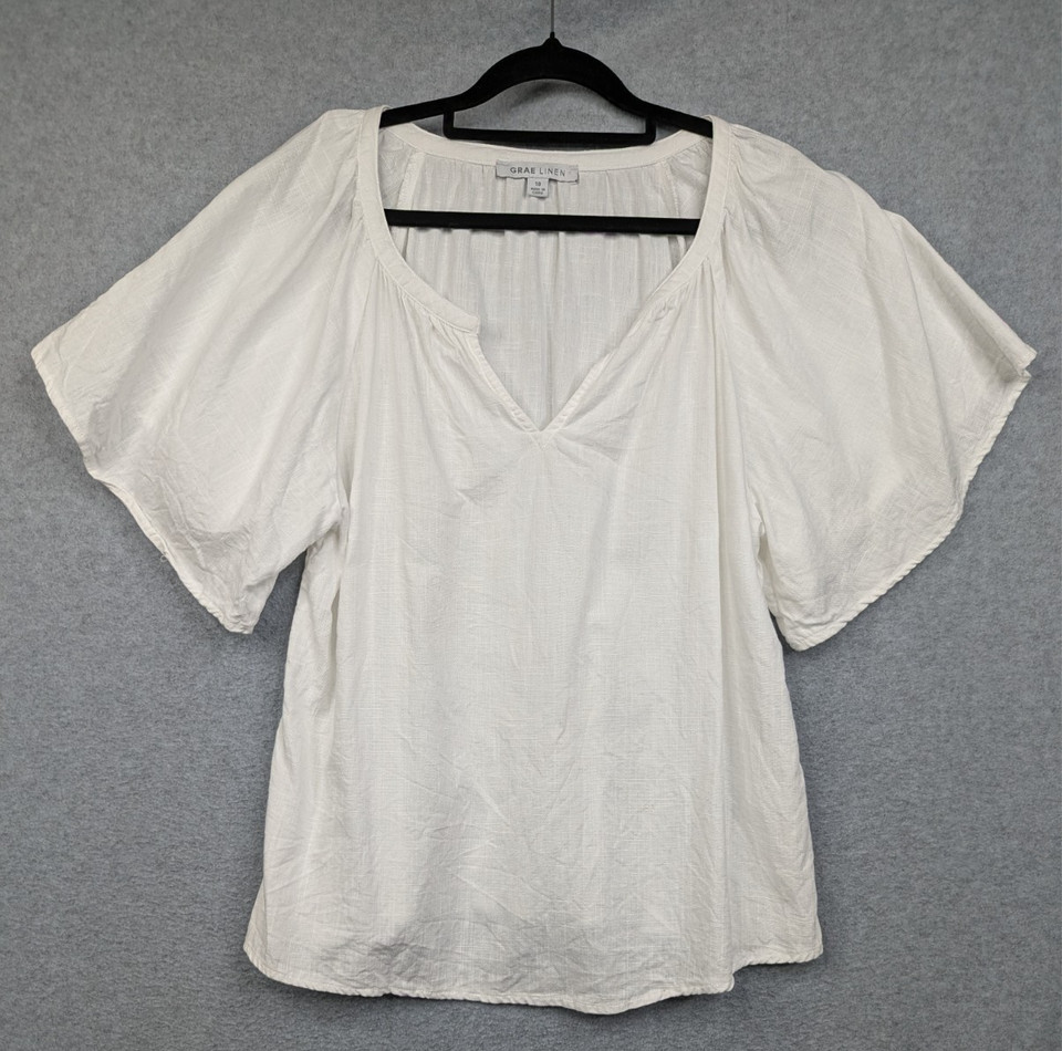 Suzanne Grae Top Womens 10 White V-Neck Blouse Linen Blend Coastal Career Event