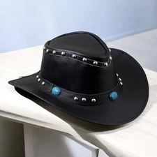 Men Black Leather Cowboy Hat Western Outback Steampunk Studded Handmade hat