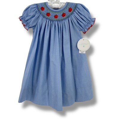 Edgehill Collection Apple Embroidered Smocked Gingham Bishop Dress Girls Sz 18 M