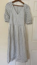 RARE Everlane 100% Linen Stripe Midi Dress large fitting XXS Puff Sleeve
