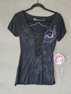 NWT Y2K Dragonfly Womens Small Goth Tee Shirt Black Skull Rinestones Scoopneck 