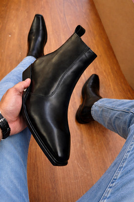 Square Toe Handmade Black  Leather Chelsea Boots   Side Zip Shoes For Men's