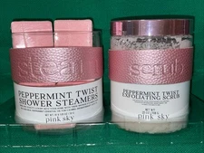 Pink Sky Peppermint Twist Body Scrub 25 oz & 10 Shower Streamers Winter Wellness