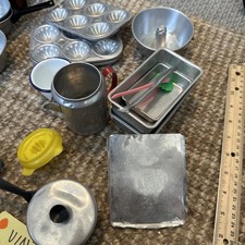 1950 s Vintage Aluminum Toy Cookware, Bakeware, Tea Cups, Utensils Etc.