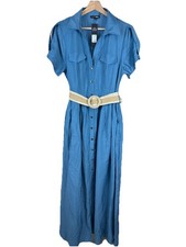 Fashion Nova Laurel Blue Linen Maxi Shirt Dress Size L NWT with Straw Belt