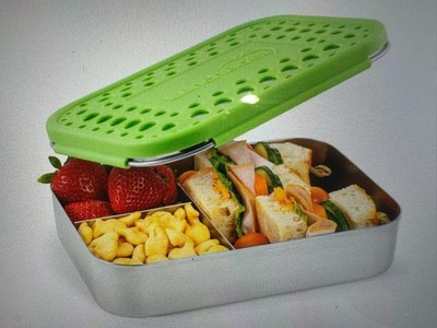 LunchBots Stainless Steel 3 Section Divided Food Container With Green Lid