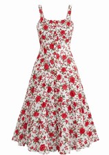 Alexis White Red Rose Embroidered Button Front Midi Dress Cottagecore