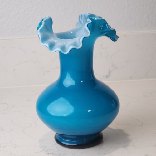 Vintage blaue Rüschen Glas Vase 8" mundgeblasen Kunstglas türkis himmelblau Fenton Stil - Bild 2 von 8