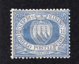 San Marino 1877 10c ultramarine Arms, Scott 7 MH, value = $350.00