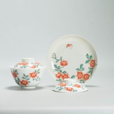 Antique Chinese Porcelain Gaiwan Tea Bowl Famille Verte Flowers Butterflies