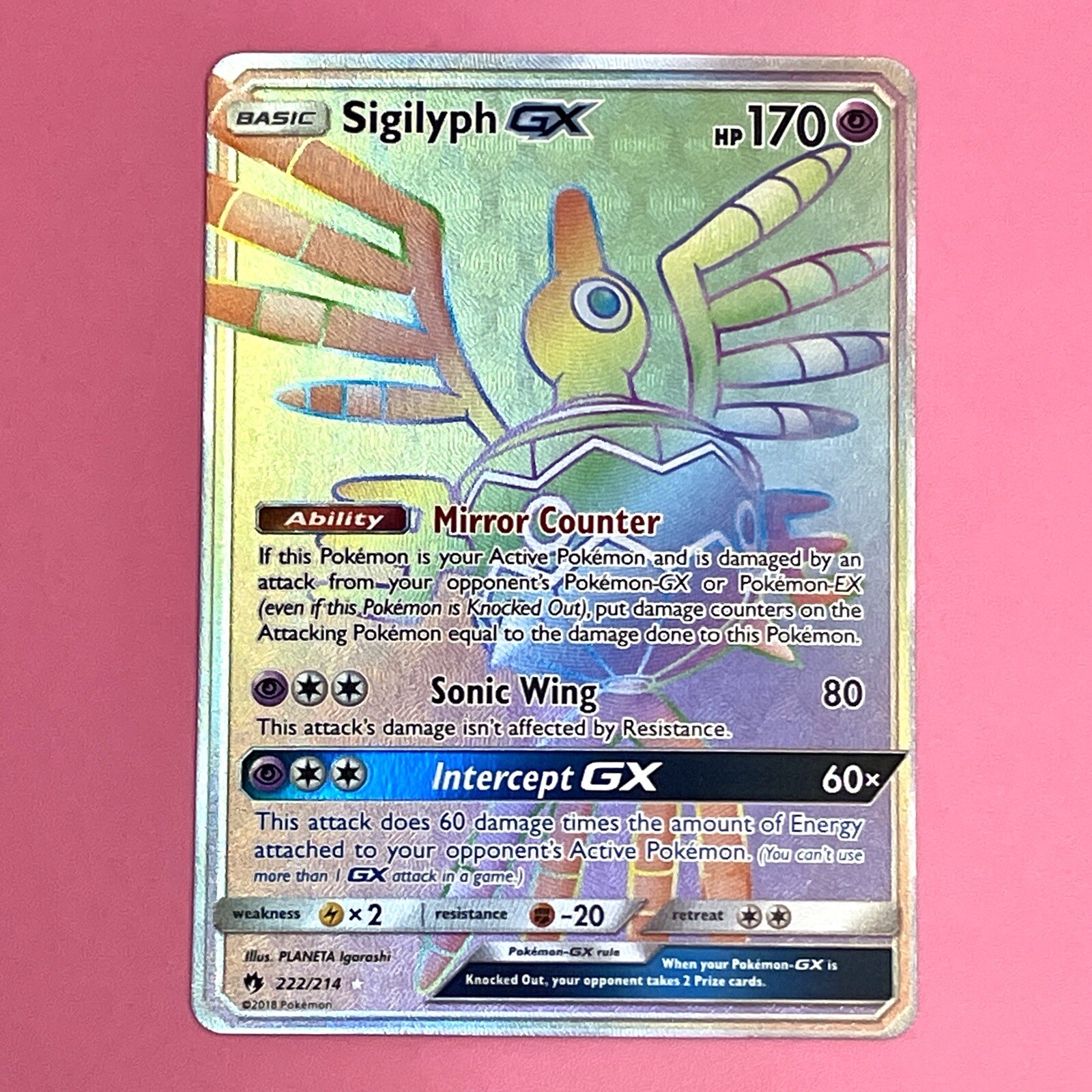 Sigilyph GX RAINBOW SECRET HYPER FULL ART 222/214 Pokemon SM Lost Thunder NM-M