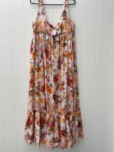 Hand Made Floral Linen Maxi Dress Sz 14 Empire Line - Foto 1 di 6