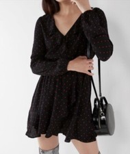 NWT EXPRESS Polka Dot Ruffle Front Long Sleeve Dress - Navy Blue / Red - XXS