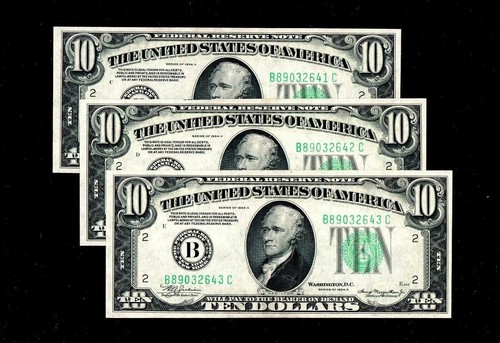 $10 1934-A Federal Reserve Notes New york GEM UNC X 3 Sequentially (B164) - Picture 1 of 2