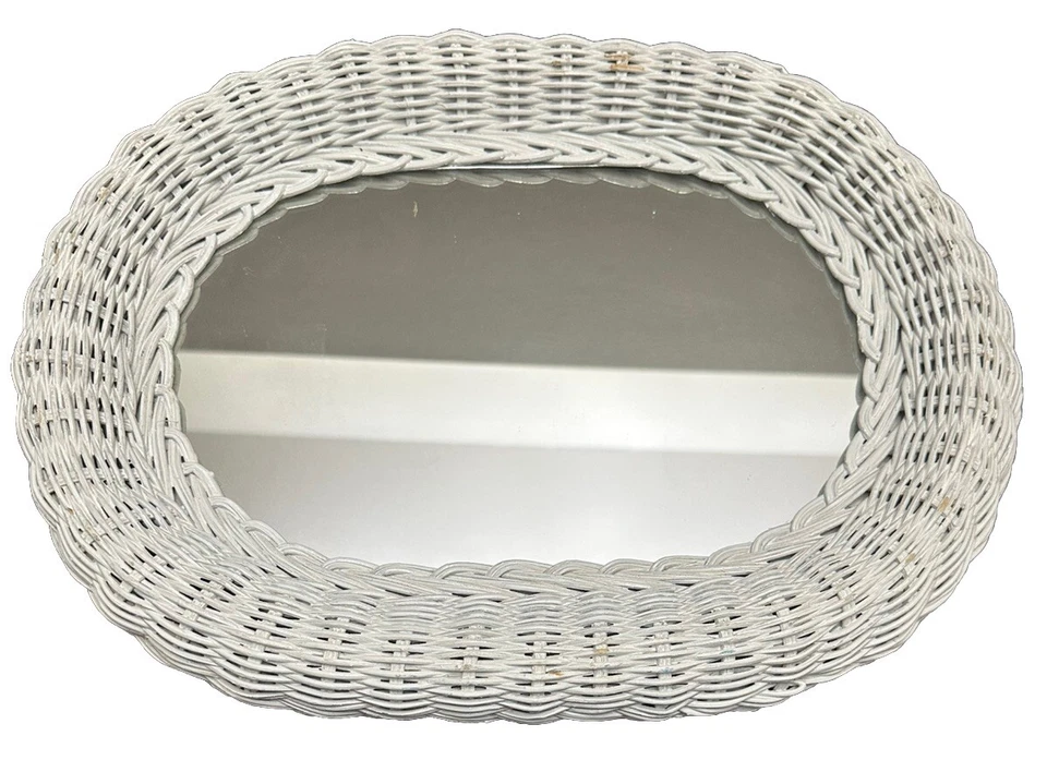 Espejo ovalado de mimbre blanco vintage casa de campo Shabby Chic tocador casa de playa 16 X 12 Foto 3 de 4