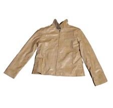 Carolina Blues Girls Nylon Tan Jacket L 12/14 Faux Leather Zip Up V.G.C.