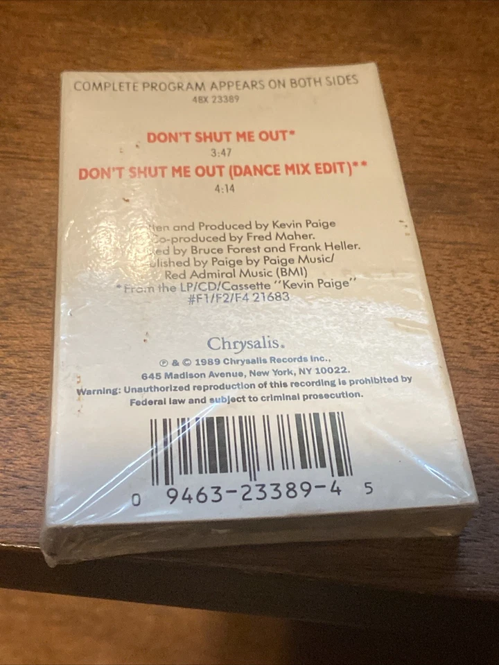 Kevin Paige, Don't Shut Me Out 1989 Chrysalis Cassette Single Factory Sealed NOS - Image 3 of 4