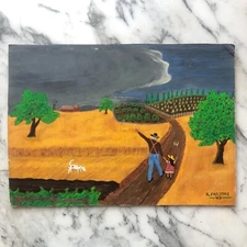 Original FOLK ART farm PAINTING artist signed R. PARSONS '49 primitive naif NICE