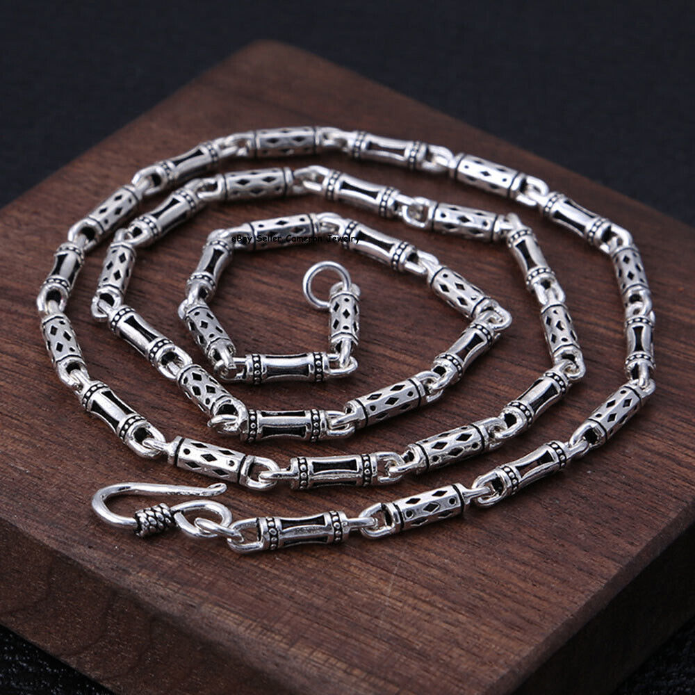 Pure S925 Sterling Silver Chain Men Women 4mm Bamboo Link Pure S925 Sterling Silver Chain Men Women 4mm Bamboo Link