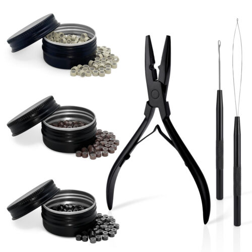 Hair Extension Tools Kit,600PCS Silicone Lined Micro Rings Plier Hook Needle Kit - Afbeelding 1 van 7