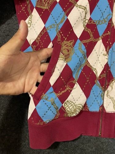 Christian Audigier Hoodie Medium Red Baroque Argyle Eagle Crown Graphic Y2K - Picture 4 of 12