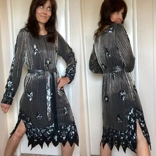 VTG Sequin beaded Gatsby Flapper Dress Sz M L Sister Max beaded jagged hem belte