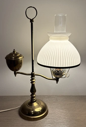 Student Lamp Desktop Brushed Brass Milk Glass Shade And Chimney Vintage Tested